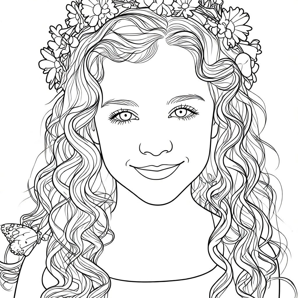 Girl portrait coloring page generated by KolorPanda AI
